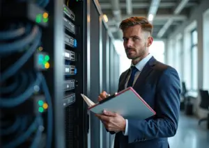 Профессионал проводит аудит IT-инфраструктуры в небольшой компании, видны ноутбуки, серверы и сетевое оборудование