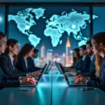 Профессиональная команда IT-фрилансеров совместно работает над проектами с использованием цифровых устройств на фоне городского пейзажа России, символизируя доверие и законность сотрудничества.