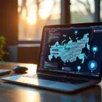 Современное рабочее место IT-фрилансера с компьютером, карта регионов России и иконки IT-специализаций