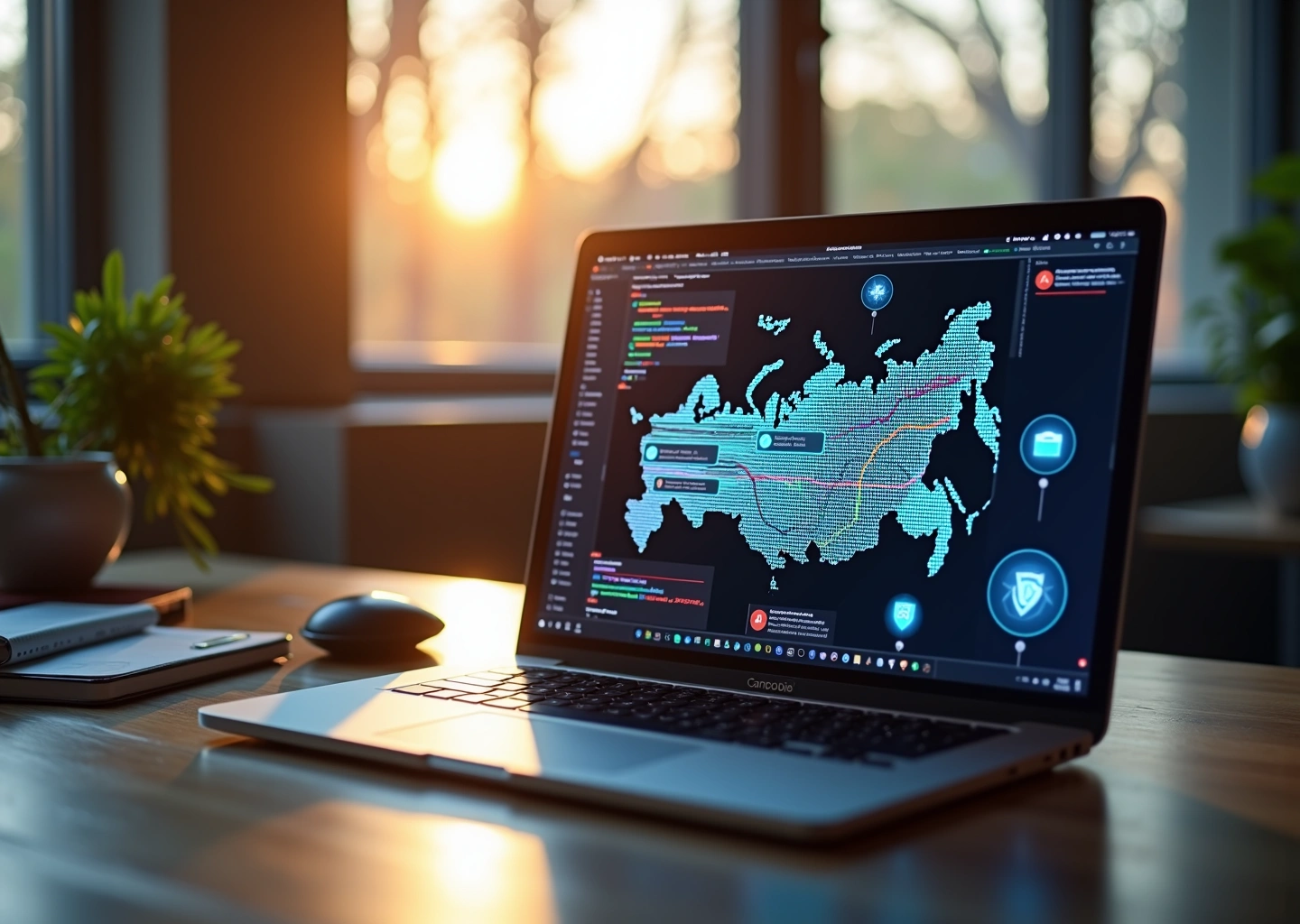 Современное рабочее место IT-фрилансера с компьютером, карта регионов России и иконки IT-специализаций