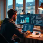 IT-фрилансер за ноутбуком с экранами учёта времени и выставления счетов в домашнем офисе в России