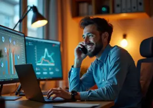 IT-фрилансер за ноутбуком общается с клиентом, символизирующие сарафанное радио и рекомендации