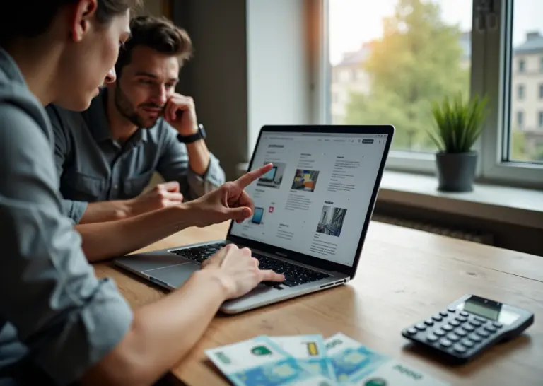 Дизайнер и предприниматель обсуждают макет сайта на ноутбуке, на столе калькулятор и купюры рублей, размытый городской фон