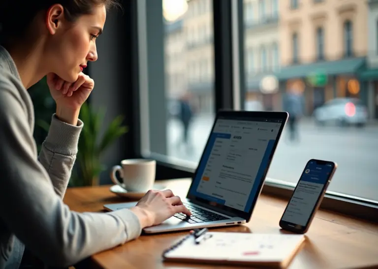 Фрилансер работает за ноутбуком, на экране Avito с объявлением об IT‑услугах, рядом смартфон с локальными объявлениями и блокнот с заметками