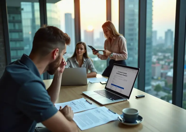 Фрилансер и сотрудник аутсорс‑команды обсуждают тендерное предложение за ноутбуком с открытыми страницами торговых площадок, на столе документы и флеш‑токен для ЭЦП