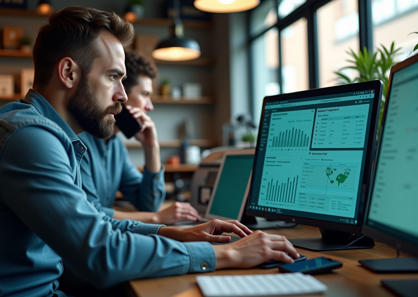 Локальный IT‑специалист обслуживает компьютеры малого бизнеса: ноутбук с панелью мониторинга, планшет, довольный клиент, офис на заднем плане